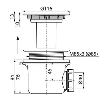 CONCEPT vaničkový sifón pr. 90 mm, chróm PT10049CR Technický nákres