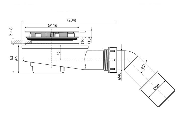 CONCEPT nízky vaničkový sifón pr. 90 mm, chróm PT100491CR Technický nákres