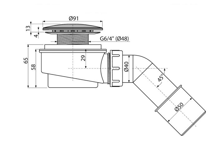 CONCEPT nízky vaničkový sifón pr. 60 mm, chróm PT100471CR60 Technický nákres