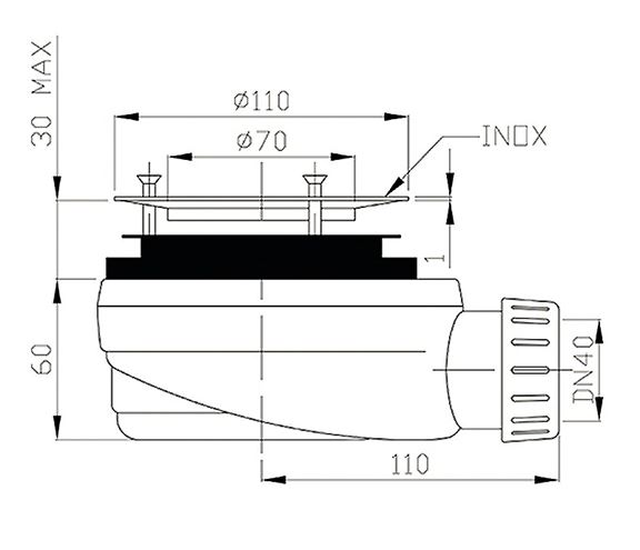 POLYSAN nízky vaničkový sifón pr. 90 mm, bez krytky 71672 Technický nákres