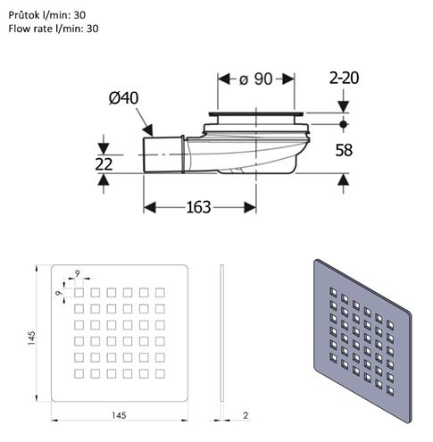 POLYSAN FLEXIA nízky vaničkový sifón pr. 90 mm, biela 17741 Technický nákres
