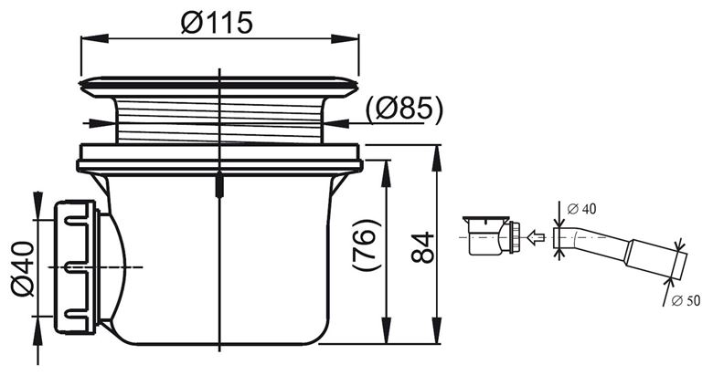 RAVAK BASIC vaničkový sifón pr. 90 mm, nerez X01308 Technický nákres
