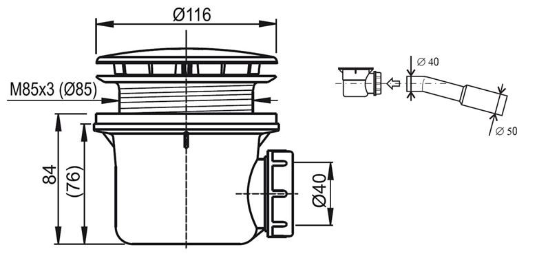 RAVAK STANDARD 90 vaničkový sifón pr. 90 mm, lesklý chróm X01314 Technický nákres