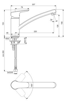 CONCEPT 100 drezová batéria, chróm BC523AA Technický nákres