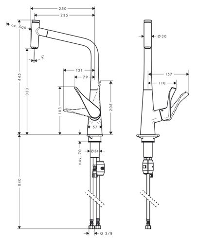 HANSGROHE METRIS SELECT M71 drezová batéria, s vyťahovacou koncovkou, nerez 14884800 Technický nákres