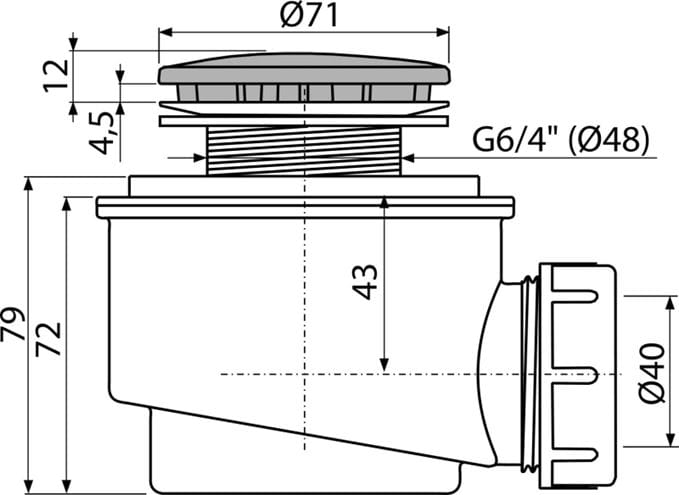 ALCA vaničkový sifón pr. 50 mm, chróm A47CR-50 Technický nákres