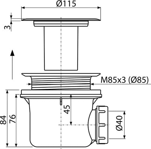 ALCA vaničkový sifón pr. 90 mm, chróm A48 Technický nákres