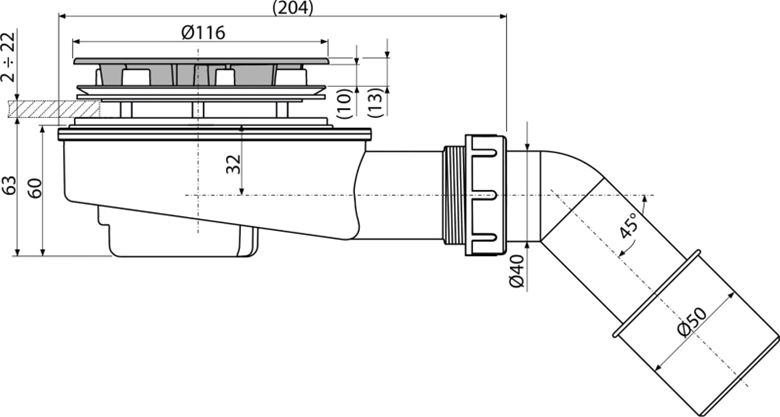 ALCA vaničkový sifón pr. 90 mm, chróm A492CR Technický nákres