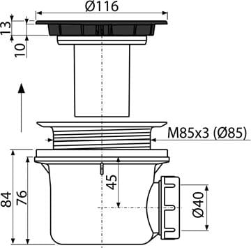 ALCA vaničkový sifón pr. 90 mm, biela A49B Technický nákres