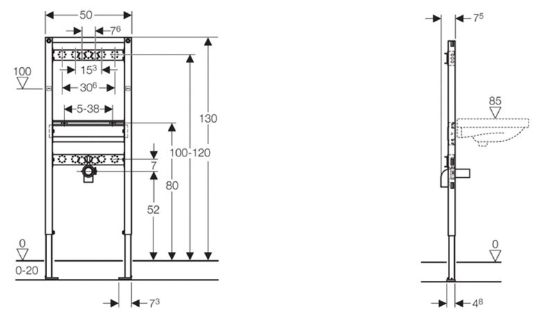 GEBERIT DUOFIX montážny rám pre umývadlo a batériu 130 cm 111.437.00.1 Technický nákres