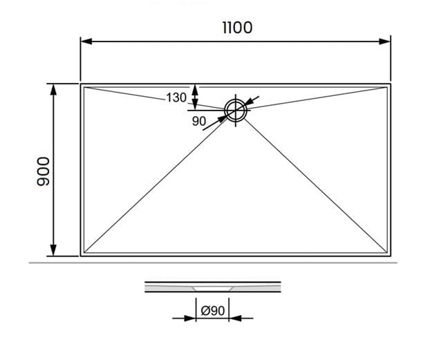 CONCEPT 300 sprchová vanička 110x90 cm, liaty mramor, bez nožičiek PT215023 Technický nákres