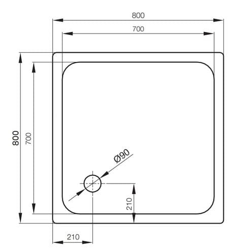 CONCEPT 200 sprchová vanička 80x80 cm, smaltovaná oceľ, bez nožičiek 01CV Technický nákres
