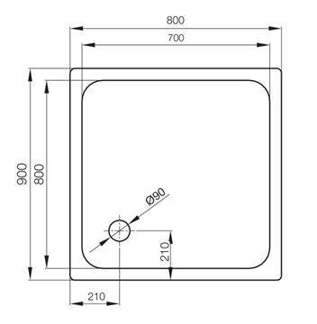 CONCEPT 200 sprchová vanička 90x80 cm, smaltovaná oceľ, bez nožičiek 03CV Technický nákres