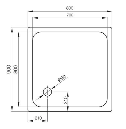 CONCEPT 200 sprchová vanička 90x80 cm, smaltovaná oceľ, bez nožičiek 03CV Technický nákres