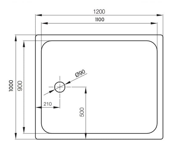 CONCEPT 200 sprchová vanička 120x100 cm, smaltovaná oceľ, bez nožičiek 10CV Technický nákres