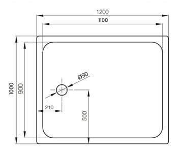 CONCEPT 200 sprchová vanička 120x100 cm, smaltovaná oceľ, bez nožičiek 10CV Technický nákres