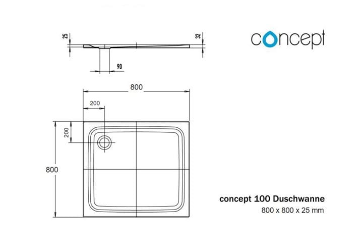 CONCEPT 100 sprchová vanička 80x80 cm, smaltovaná oceľ, bez nosiča 722715480001 Technický nákres