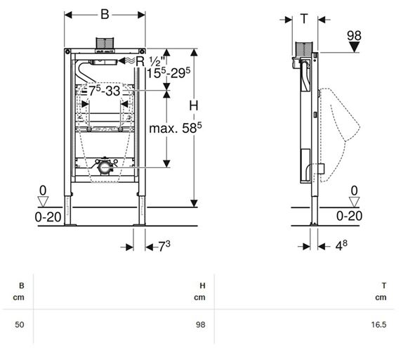 GEBERIT DUOFIX montážny rám pre pisoár 98 cm 111.617.00.1 Technický nákres
