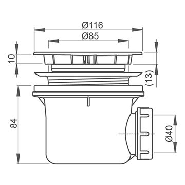 ROTH vaničkový sifón pr. 90 mm, chróm 8100016 Technický nákres