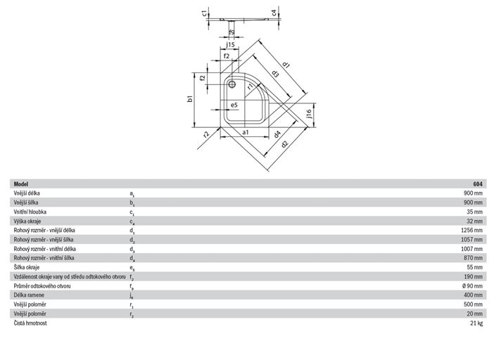 KALDEWEI ZIRKON 604-1 sprchová vanička 90x90 cm, R500, smaltovaná oceľ, bez nosiča, Perl Effekt 456900013001 Technický nákres