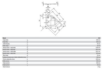 KALDEWEI ZIRKON 604-1 sprchová vanička 90x90 cm, R500, smaltovaná oceľ, bez nosiča, Perl Effekt 456900013001 Technický nákres