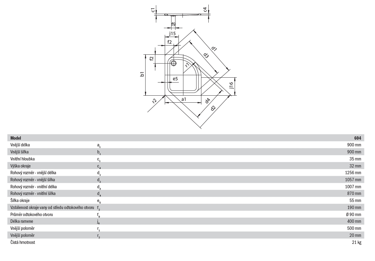 KALDEWEI ZIRKON 604-1 sprchová vanička 90x90 cm, R500, smaltovaná oceľ, bez nosiča 456900010001 Technický nákres