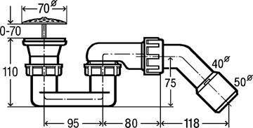 VIEGA 6821.45 vaničkový sifón pr. 52 mm, chróm 312121 Technický nákres