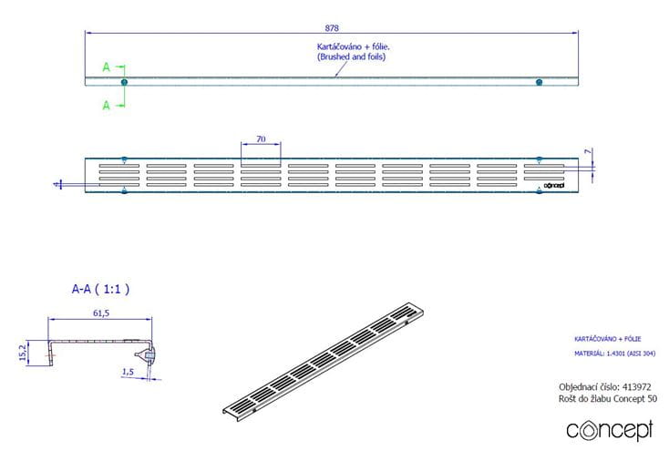 CONCEPT 50 perforovaný rošt STRIPE 878 mm, kartáčovaná nerez oceľ 413972 Technický nákres