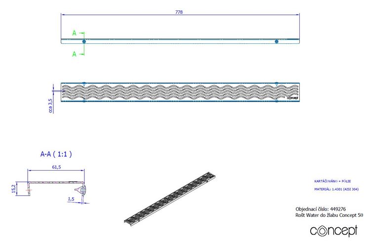 CONCEPT 50 perforovaný rošt WATER 778 mm, kartáčovaná nerez oceľ 449276 Obrázek - fotka