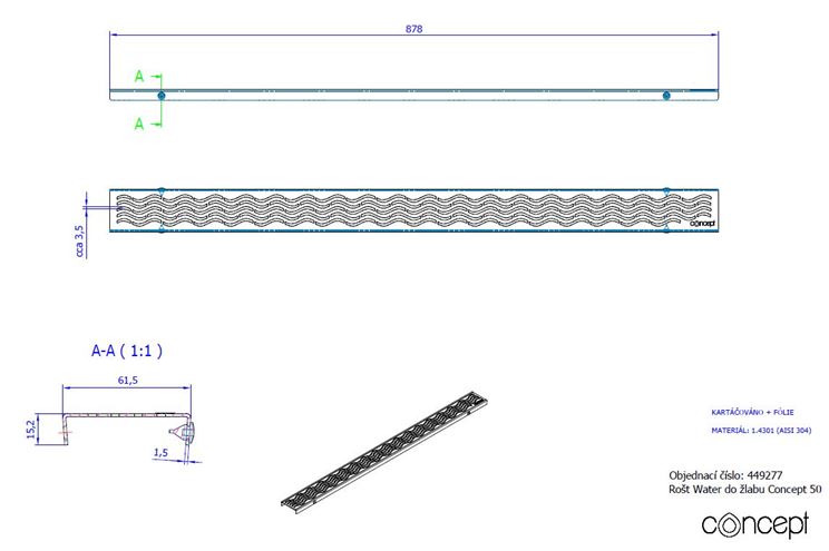 CONCEPT 50 perforovaný rošt WATER 878 mm, kartáčovaná nerez oceľ 449277 Technický nákres