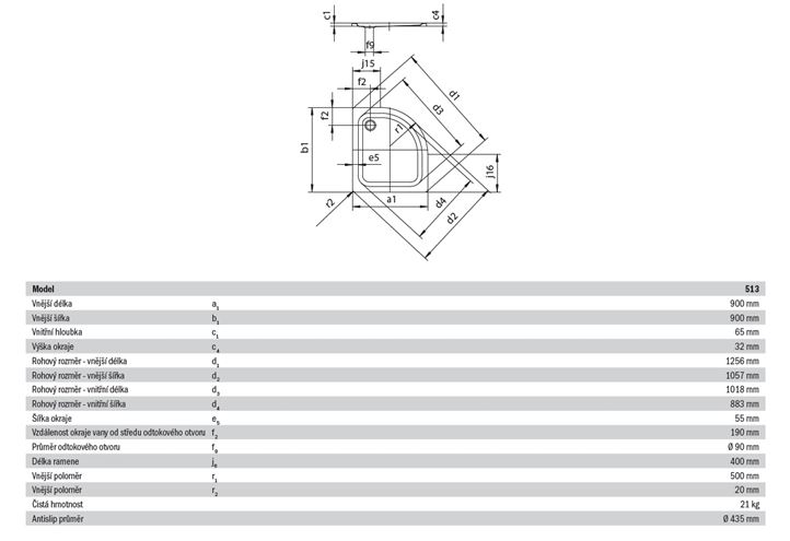 KALDEWEI ZIRKON 513-1 sprchová vanička 90x90 cm, R500, smaltovaná oceľ, bez nosiča, Perl Effekt, Antislip 452230003001 Technický nákres