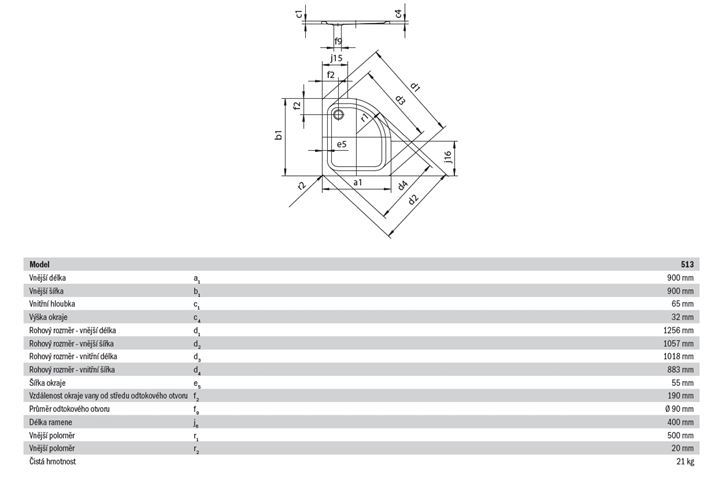 KALDEWEI ZIRKON 513-1 sprchová vanička 90x90 cm, R500, smaltovaná oceľ, bez nosiča, Perl Effekt 452200013001 Technický nákres