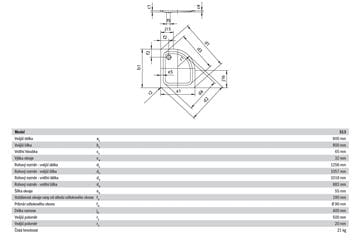 KALDEWEI ZIRKON 513-1 sprchová vanička 90x90 cm, R500, smaltovaná oceľ, bez nosiča 452200010001 Technický nákres