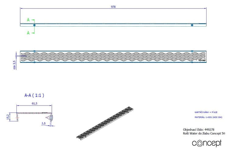 CONCEPT 50 perforovaný rošt WATER 978 mm, kartáčovaná nerez oceľ 449278 Technický nákres