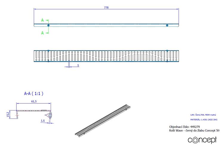 CONCEPT 50 perforovaný rošt WAVE 778 mm, čierna 449279 Technický nákres