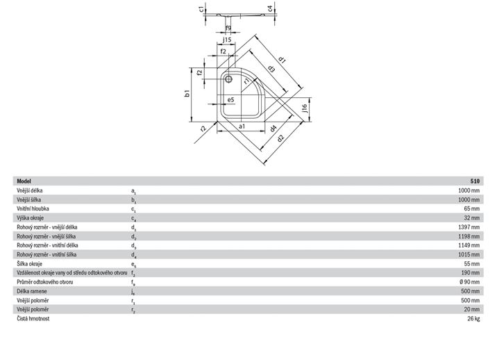KALDEWEI ZIRKON 510-1 sprchová vanička 100x100 cm, R500, smaltovaná oceľ, bez nosiča 456400010001 Technický nákres