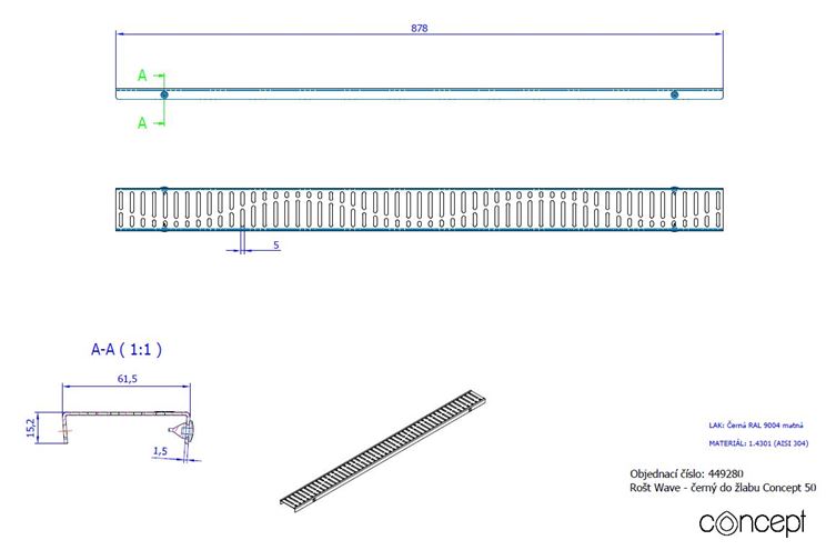 CONCEPT 50 perforovaný rošt WAVE 878 mm, čierna 449280 Technický nákres