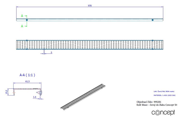 CONCEPT 50 perforovaný rošt WAVE 978 mm, čierna 449281 Technický nákres