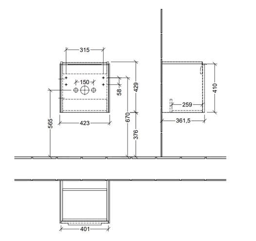VILLEROY & BOCH VERITY EXCLUSIVE skrinka pod umývadlo 42,3x37,8x42,9 cm, 1 dvierka, pánty vľavo, Graphite A87900VR Technický nákres