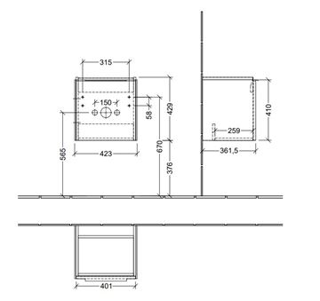 VILLEROY & BOCH VERITY EXCLUSIVE skrinka pod umývadlo 42,3x37,8x42,9 cm, 1 dvierka, pánty vpravo, Graphite A87800VR Technický nákres