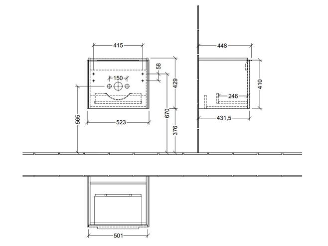 VILLEROY & BOCH VERITY EXCLUSIVE skrinka pod umývadlo 52,3x44,8x42,9 cm, 1 zásuvka, Graphite A69500VR Technický nákres