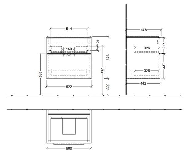 VILLEROY & BOCH VERITY EXCLUSIVE skrinka pod umývadlo 62,2x47,8x57,6 cm, 2 zásuvky, Brillant White A69300VE Technický nákres