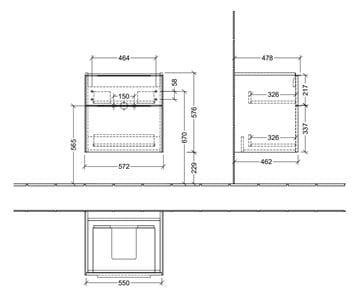 VILLEROY & BOCH VERITY EXCLUSIVE skrinka pod umývadlo 57,2x47,8x57,6 cm, 2 zásuvky, Brillant White A69400VE Technický nákres