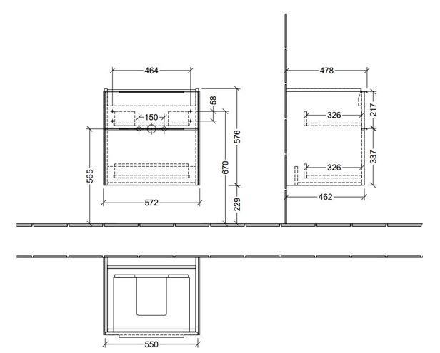 VILLEROY & BOCH VERITY EXCLUSIVE skrinka pod umývadlo 57,2x47,8x57,6 cm, 2 zásuvky, Graphite A69400VR Technický nákres