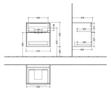 VILLEROY & BOCH VERITY EXCLUSIVE skrinka pod umývadlo 57,2x47,8x57,6 cm, 2 zásuvky, Oak Kansas A69400RH Technický nákres