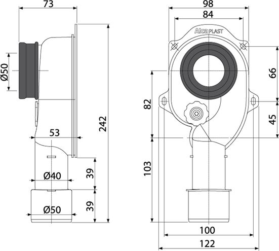 ALCA pisoárový sifón DN50, s manžetou, spodný odpad A45C Technický nákres