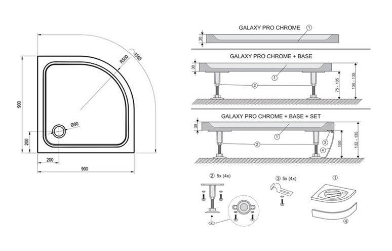 RAVAK ELIPSO PRO CHROME 90 sprchová vanička 90x90 cm, R500, liaty mramor, bez nožičiek XA247701010 Technický nákres