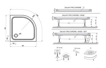RAVAK ELIPSO PRO CHROME 90 sprchová vanička 90x90 cm, R500, liaty mramor, bez nožičiek XA247701010 Technický nákres