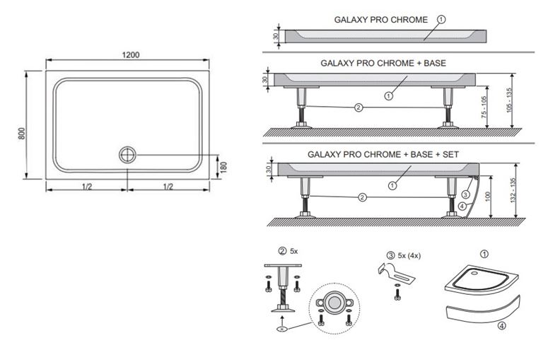 RAVAK GIGANT PRO CHROME sprchová vanička 120x80 cm, liaty mramor, bez nožičiek XA04G401010 Technický nákres