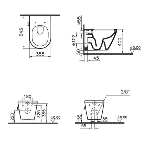 VITRA INTEGRA sprchovacie WC, Rim-Ex 7041B003-1584 Technický nákres